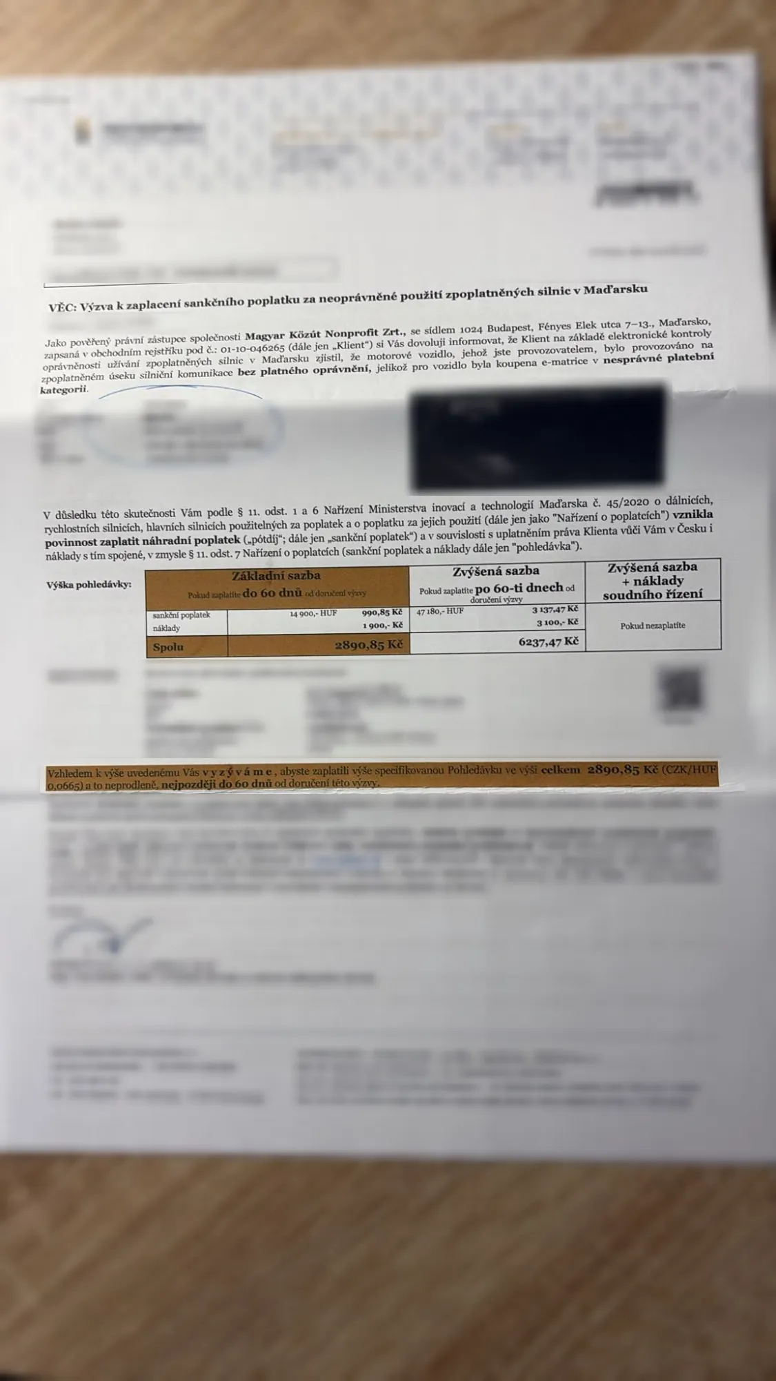 Skutečná výzva k zaplacení sankčního poplatku za maďarskou dálnici – 2 890,85 Kč, po 60 dnech 6 237,47 Kč